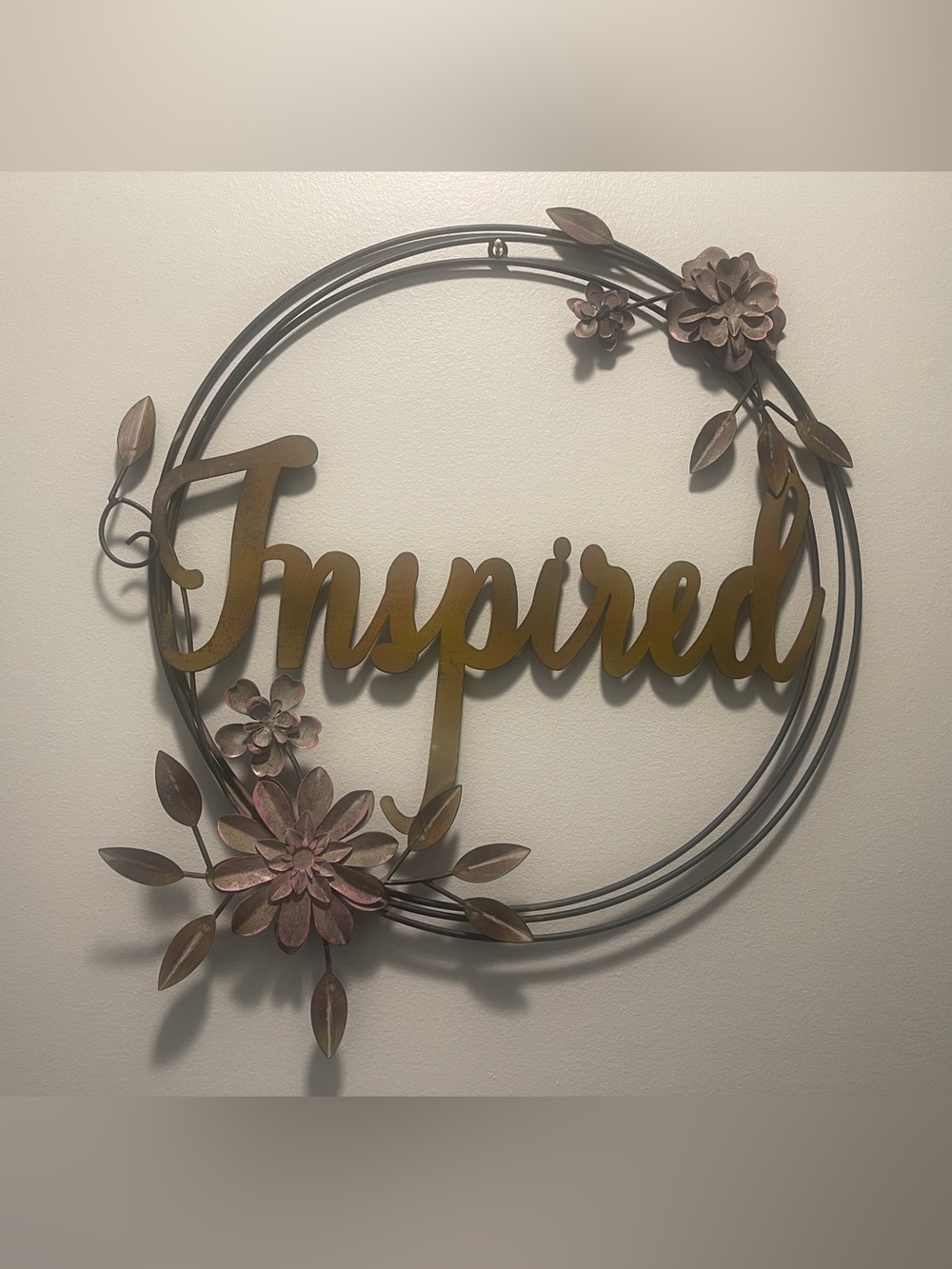 Inspired Metal Wall Sign with Rust and Pink Floral Accents